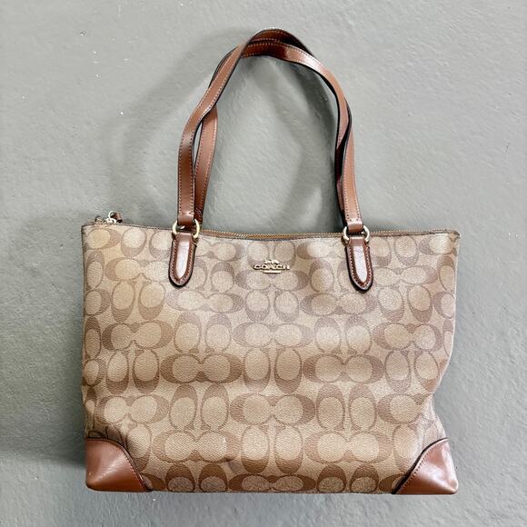 Coach Signature Canvas Zip Top Tote Bag F29208 Tan Gold Hardware - Preowned - Picture 2 of 16